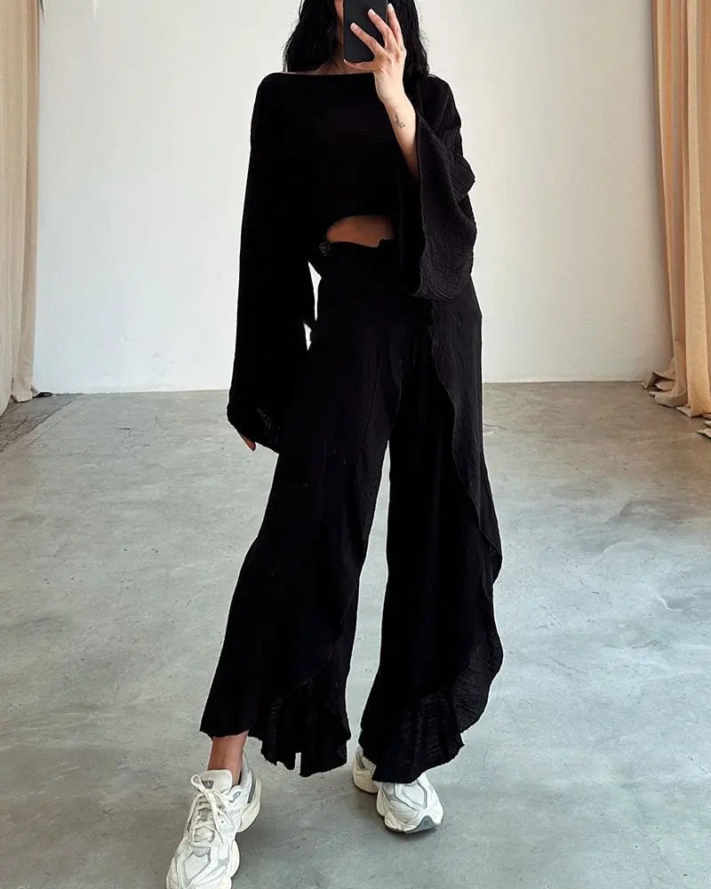 Solid Cotton O Neck Crop Top Lace-up Ruffle Flare Sleeve Hollow Pants Outfit Sets