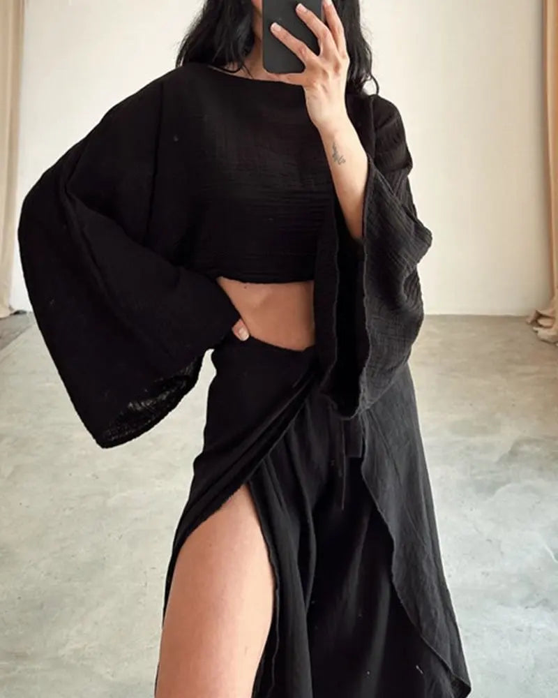 Solid Cotton O Neck Crop Top Lace-up Ruffle Flare Sleeve Hollow Pants Outfit Sets