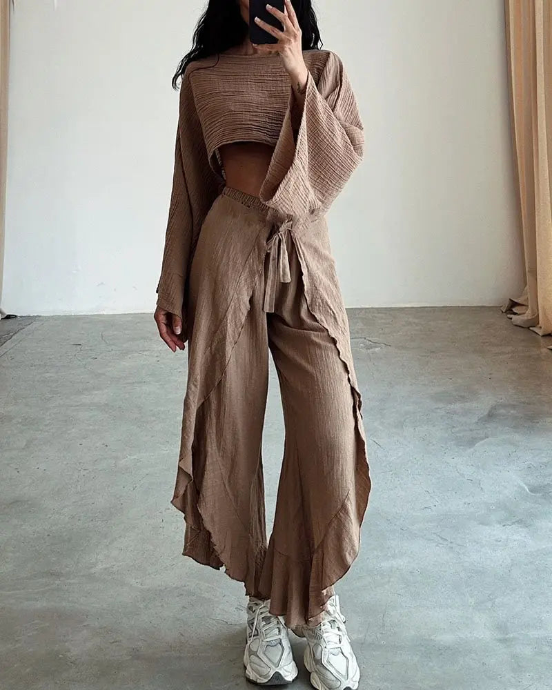 Solid Cotton O Neck Crop Top Lace-up Ruffle Flare Sleeve Hollow Pants Outfit Sets