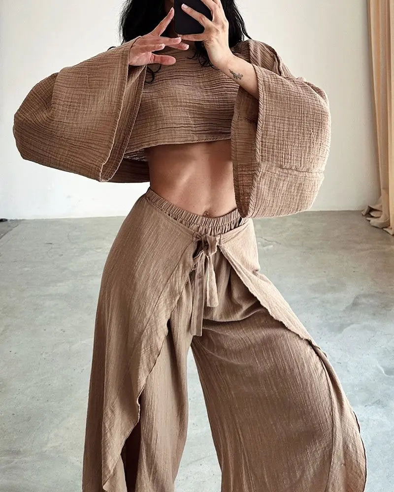 Solid Cotton O Neck Crop Top Lace-up Ruffle Flare Sleeve Hollow Pants Outfit Sets