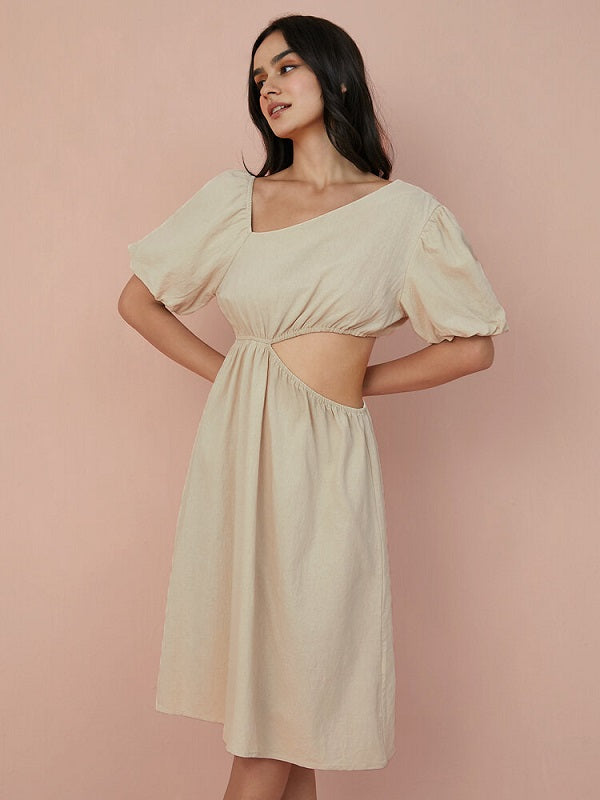Solid Cut Out Asymmetrical Neck Puff Sleeve Dress