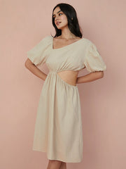 Solid Cut Out Asymmetrical Neck Puff Sleeve Dress
