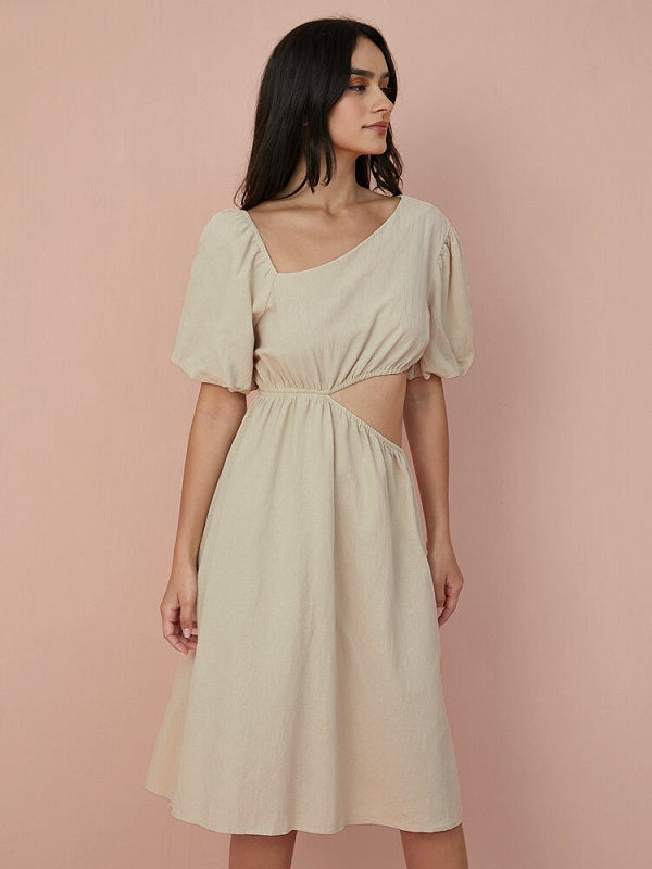 Solid Cut Out Asymmetrical Neck Puff Sleeve Dress