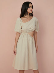 Solid Cut Out Asymmetrical Neck Puff Sleeve Dress