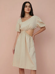 Solid Cut Out Asymmetrical Neck Puff Sleeve Dress