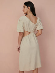 Solid Cut Out Asymmetrical Neck Puff Sleeve Dress