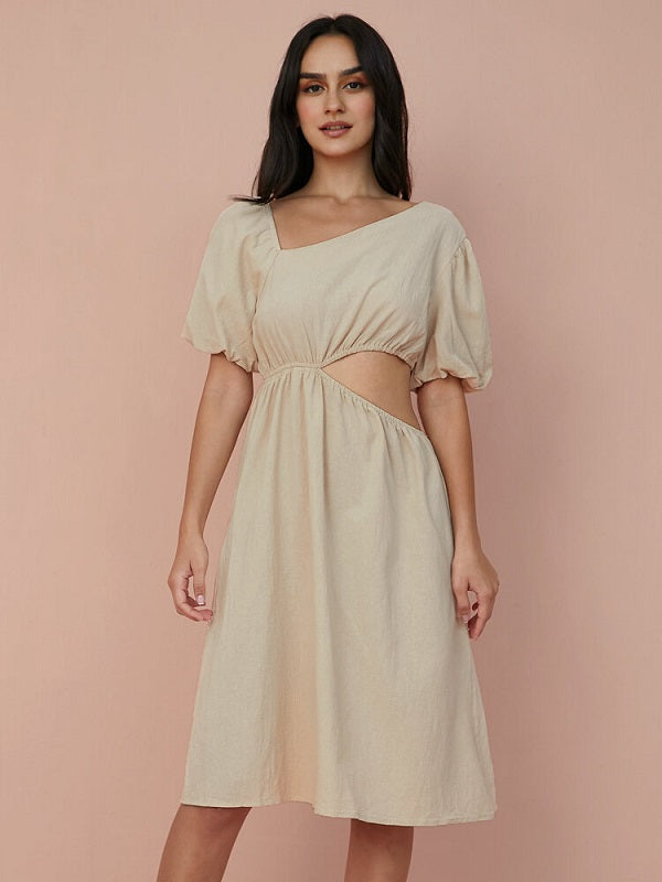 Solid Cut Out Asymmetrical Neck Puff Sleeve Dress