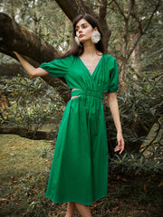Solid Cut Out Wrap V-neck Puff Sleeve Bowknot Button Dress