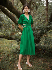Solid Cut Out Wrap V-neck Puff Sleeve Bowknot Button Dress