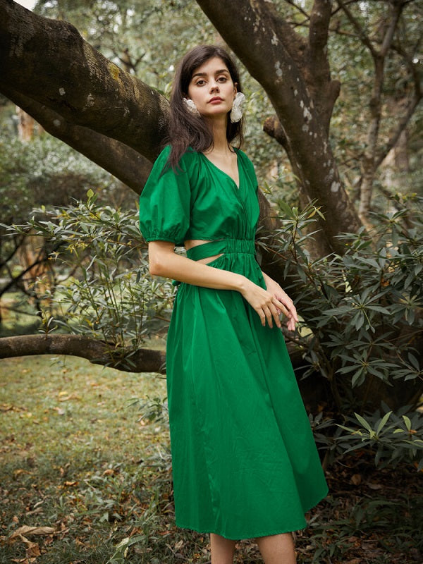 Solid Cut Out Wrap V-neck Puff Sleeve Bowknot Button Dress