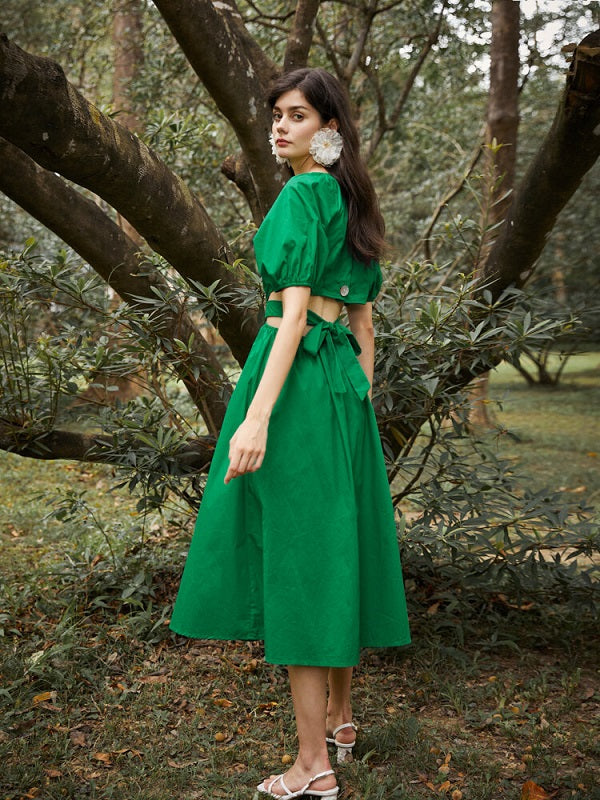 Solid Cut Out Wrap V-neck Puff Sleeve Bowknot Button Dress