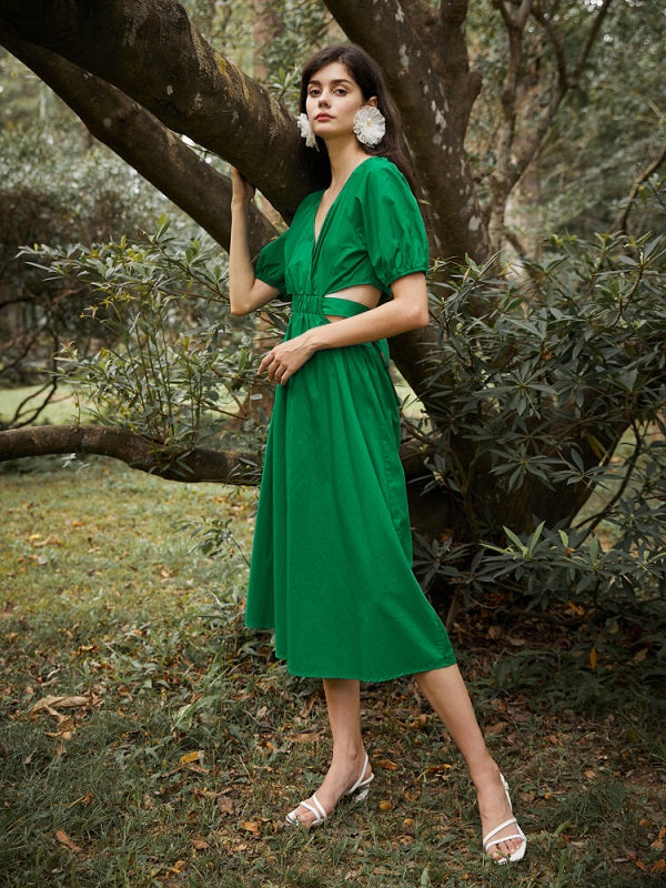 Solid Cut Out Wrap V-neck Puff Sleeve Bowknot Button Dress