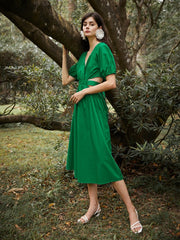 Solid Cut Out Wrap V-neck Puff Sleeve Bowknot Button Dress