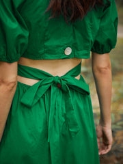 Solid Cut Out Wrap V-neck Puff Sleeve Bowknot Button Dress