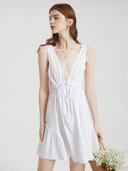 Solid Deep V-neck Drawstring Open Back Casual Dress