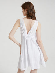 Solid Deep V-neck Drawstring Open Back Casual Dress