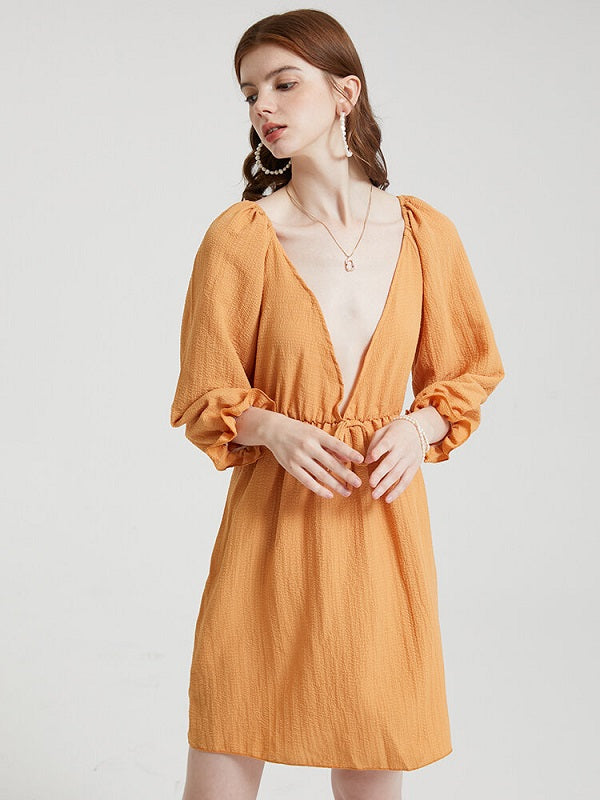Solid Deep V-neck Open Back Tie Flounce Sleeve Dress
