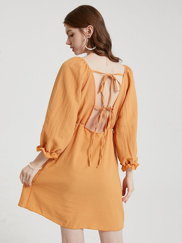Solid Deep V-neck Open Back Tie Flounce Sleeve Dress