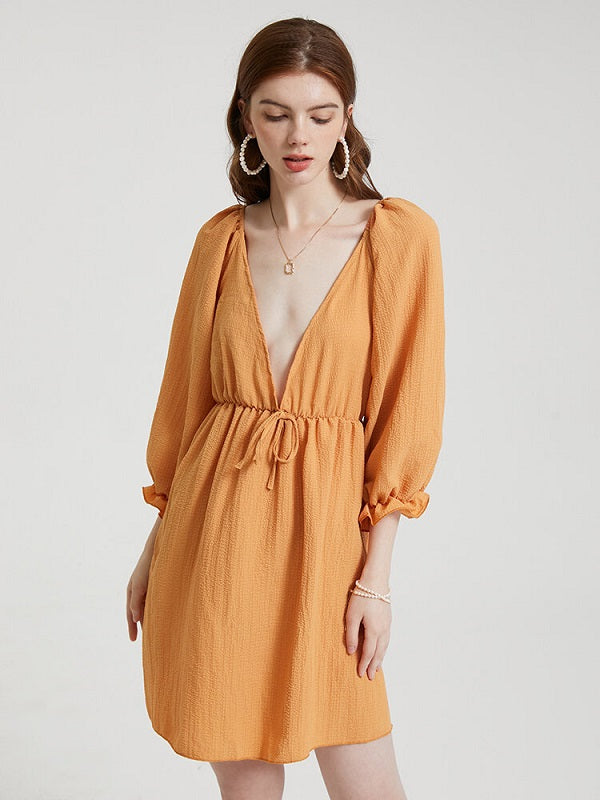 Solid Deep V-neck Open Back Tie Flounce Sleeve Dress