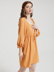 Solid Deep V-neck Open Back Tie Flounce Sleeve Dress