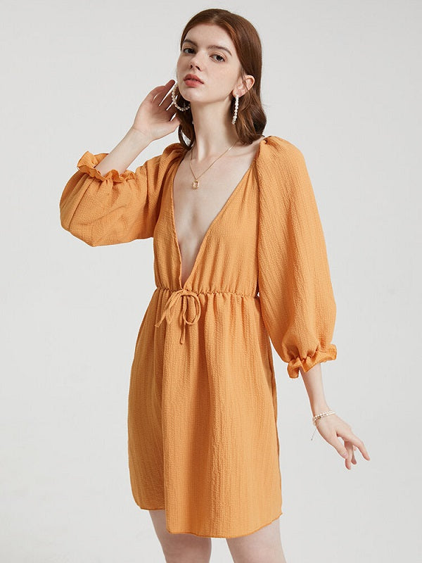 Solid Deep V-neck Open Back Tie Flounce Sleeve Dress