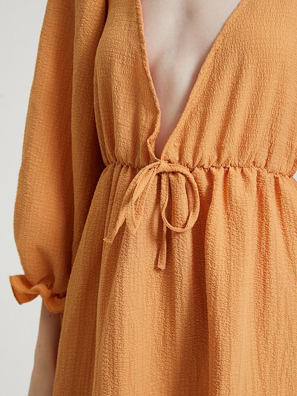 Solid Deep V-neck Open Back Tie Flounce Sleeve Dress