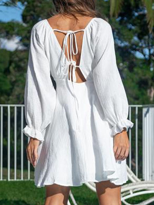 Solid Deep V-neck Open Back Tie Flounce Sleeve Dress