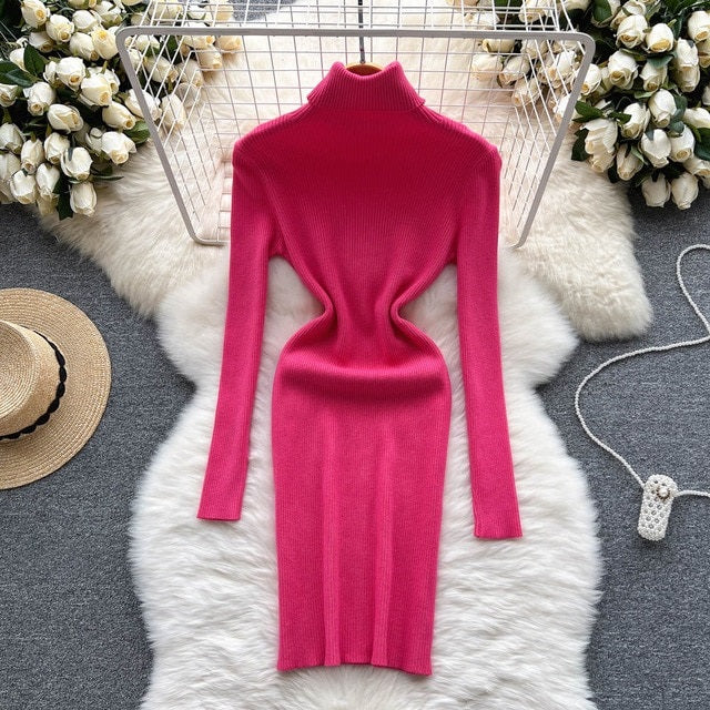 Solid Elastic Turtleneck Knitted Long Sleeves Slim Sweater Dress