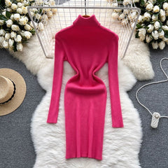 Solid Elastic Turtleneck Knitted Long Sleeves Slim Sweater Dress