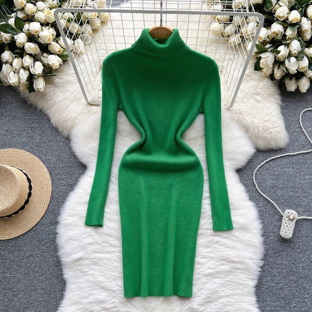 Solid Elastic Turtleneck Knitted Long Sleeves Slim Sweater Dress