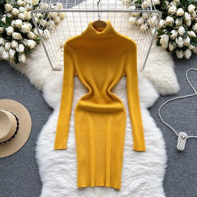Solid Elastic Turtleneck Knitted Long Sleeves Slim Sweater Dress