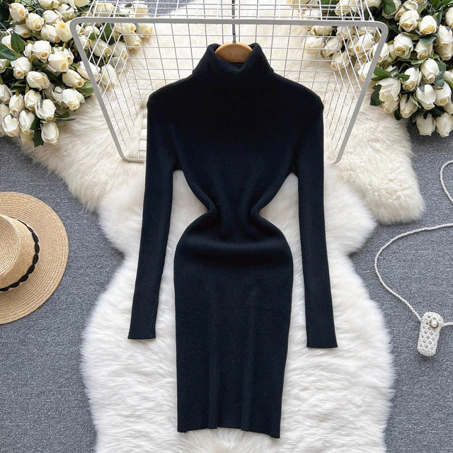Solid Elastic Turtleneck Knitted Long Sleeves Slim Sweater Dress