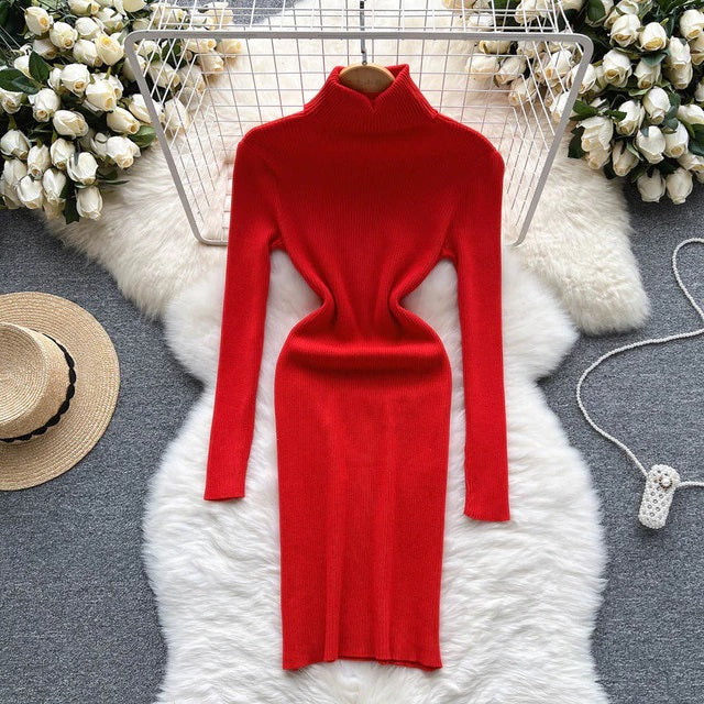 Solid Elastic Turtleneck Knitted Long Sleeves Slim Sweater Dress