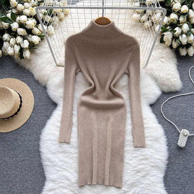 Solid Elastic Turtleneck Knitted Long Sleeves Slim Sweater Dress