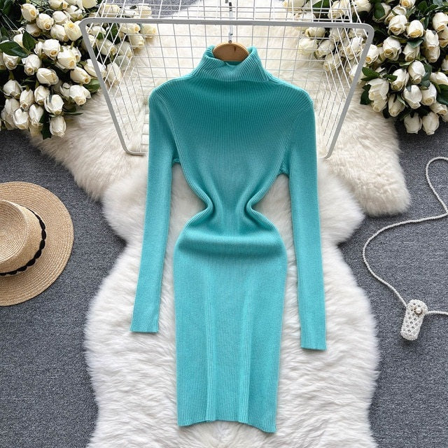 Solid Elastic Turtleneck Knitted Long Sleeves Slim Sweater Dress