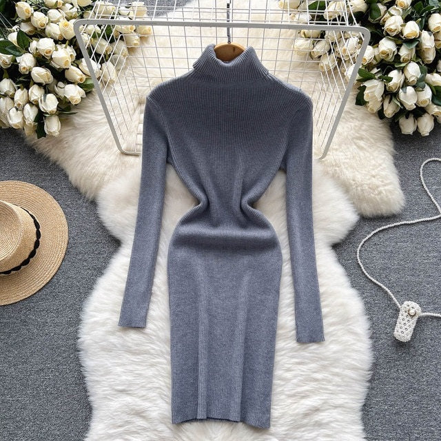 Solid Elastic Turtleneck Knitted Long Sleeves Slim Sweater Dress