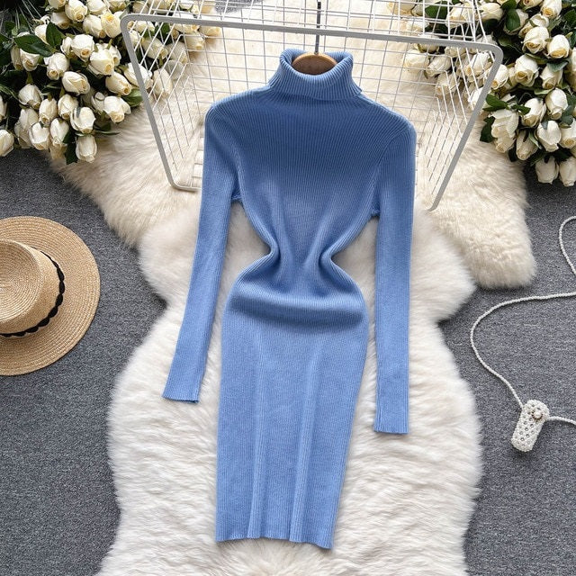 Solid Elastic Turtleneck Knitted Long Sleeves Slim Sweater Dress