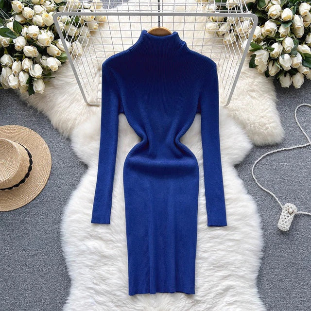 Solid Elastic Turtleneck Knitted Long Sleeves Slim Sweater Dress