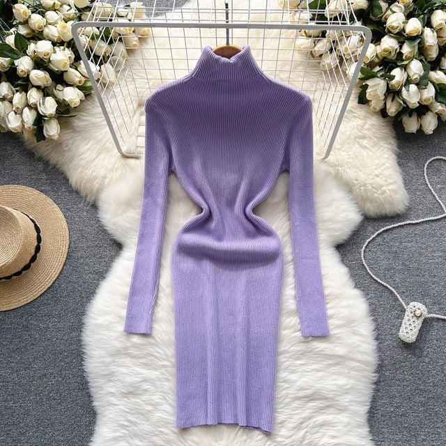 Solid Elastic Turtleneck Knitted Long Sleeves Slim Sweater Dress