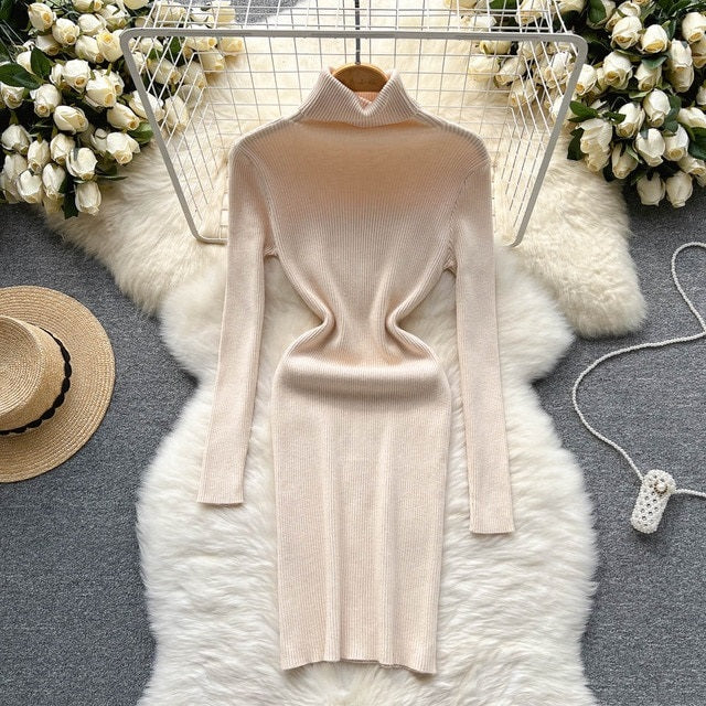Solid Elastic Turtleneck Knitted Long Sleeves Slim Sweater Dress