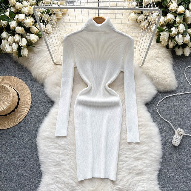 Solid Elastic Turtleneck Knitted Long Sleeves Slim Sweater Dress