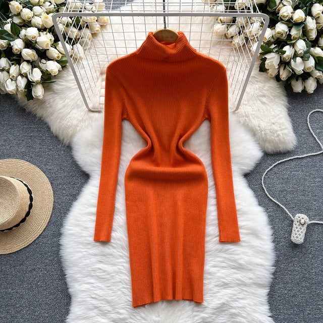 Solid Elastic Turtleneck Knitted Long Sleeves Slim Sweater Dress