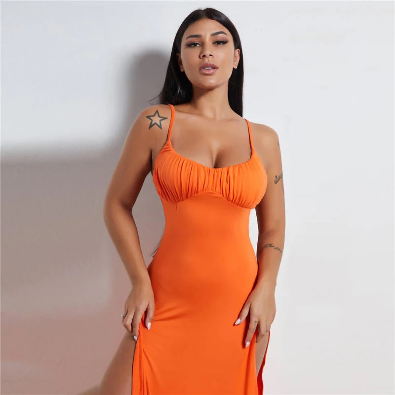 Solid High Split Spaghetti Strap Slim Midi Dress