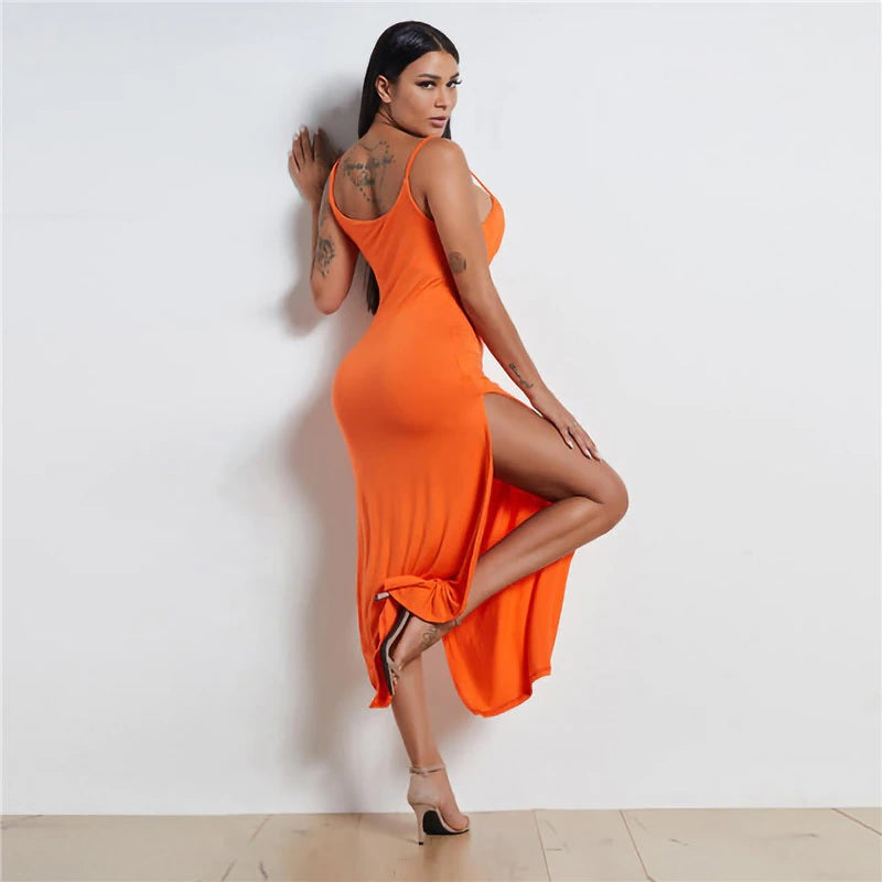 Solid High Split Spaghetti Strap Slim Midi Dress