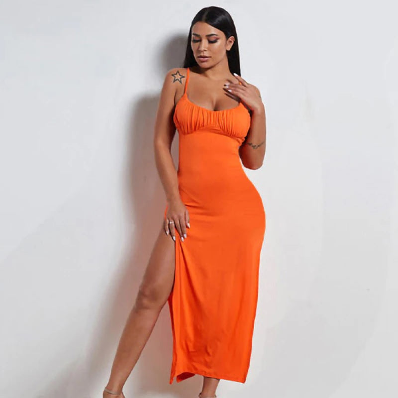 Solid High Split Spaghetti Strap Slim Midi Dress