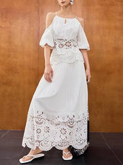 Solid Hollow Out Square Neck Falling Shoulder Sleeves Top High Waist Skirt Sets