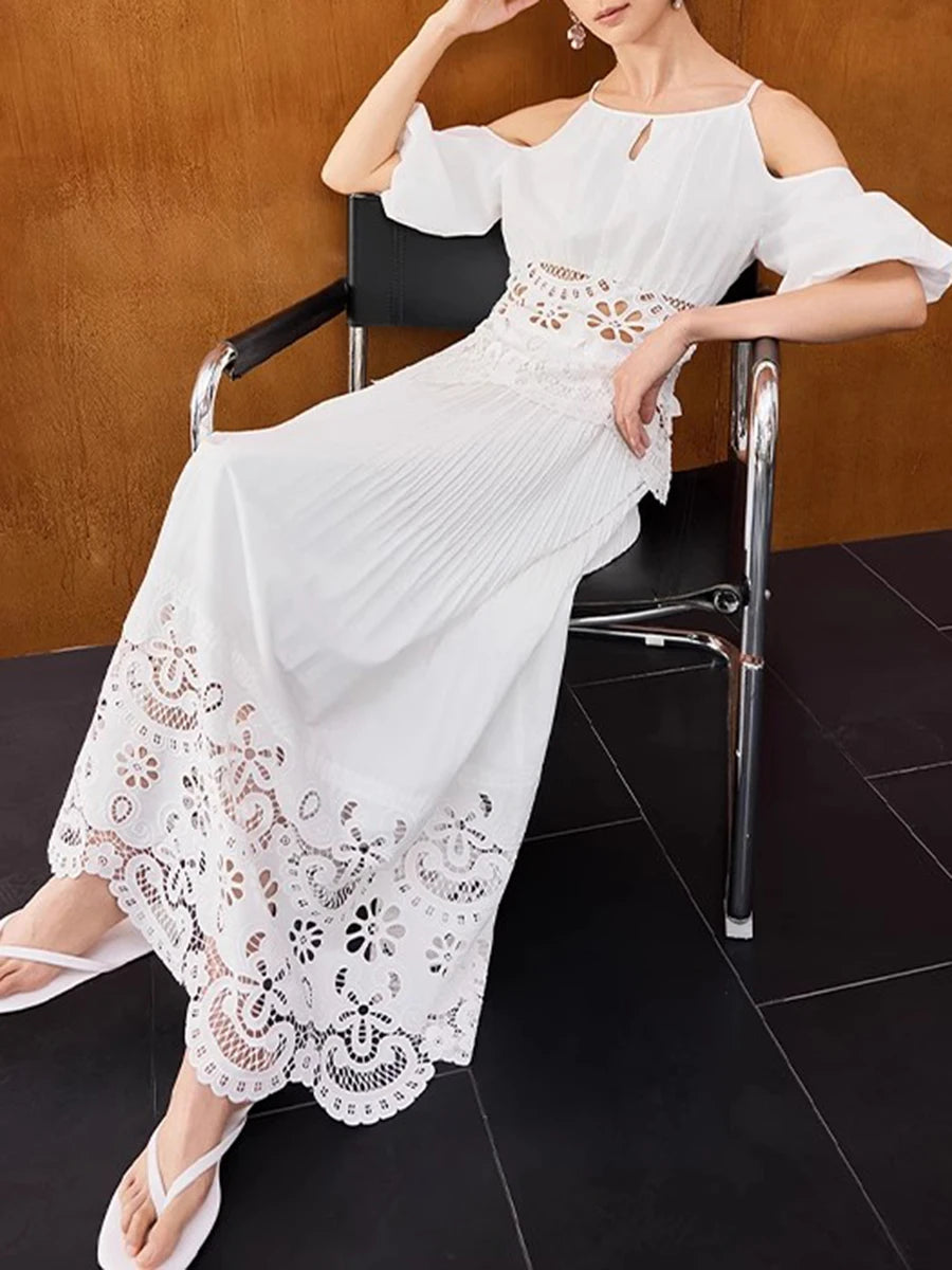 Solid Hollow Out Square Neck Falling Shoulder Sleeves Top High Waist Skirt Sets