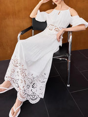 Solid Hollow Out Square Neck Falling Shoulder Sleeves Top High Waist Skirt Sets