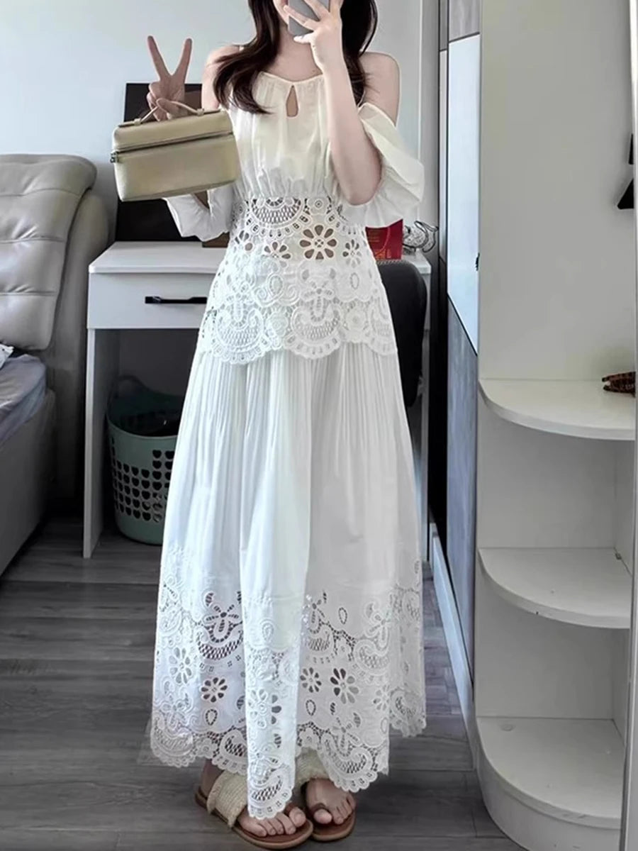 Solid Hollow Out Square Neck Falling Shoulder Sleeves Top High Waist Skirt Sets