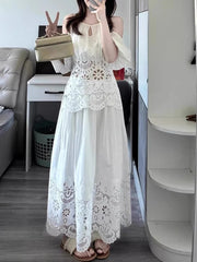 Solid Hollow Out Square Neck Falling Shoulder Sleeves Top High Waist Skirt Sets